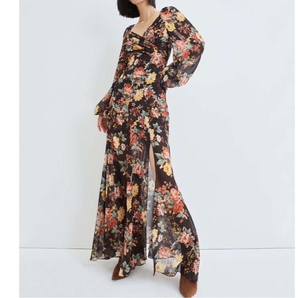 Veronica Beard Black Floral Maxi Dress with Rust and Yellow Blooms